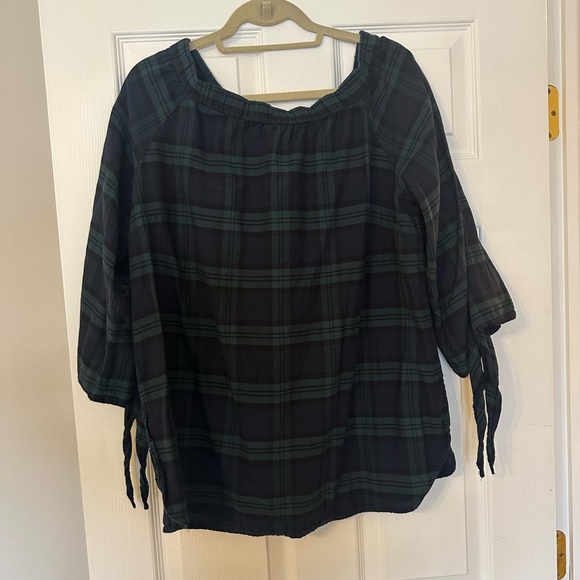 Denim 24/7 Plaid Peasant Top - Tie Sleeve - Size 14W - Picture 2 of 4